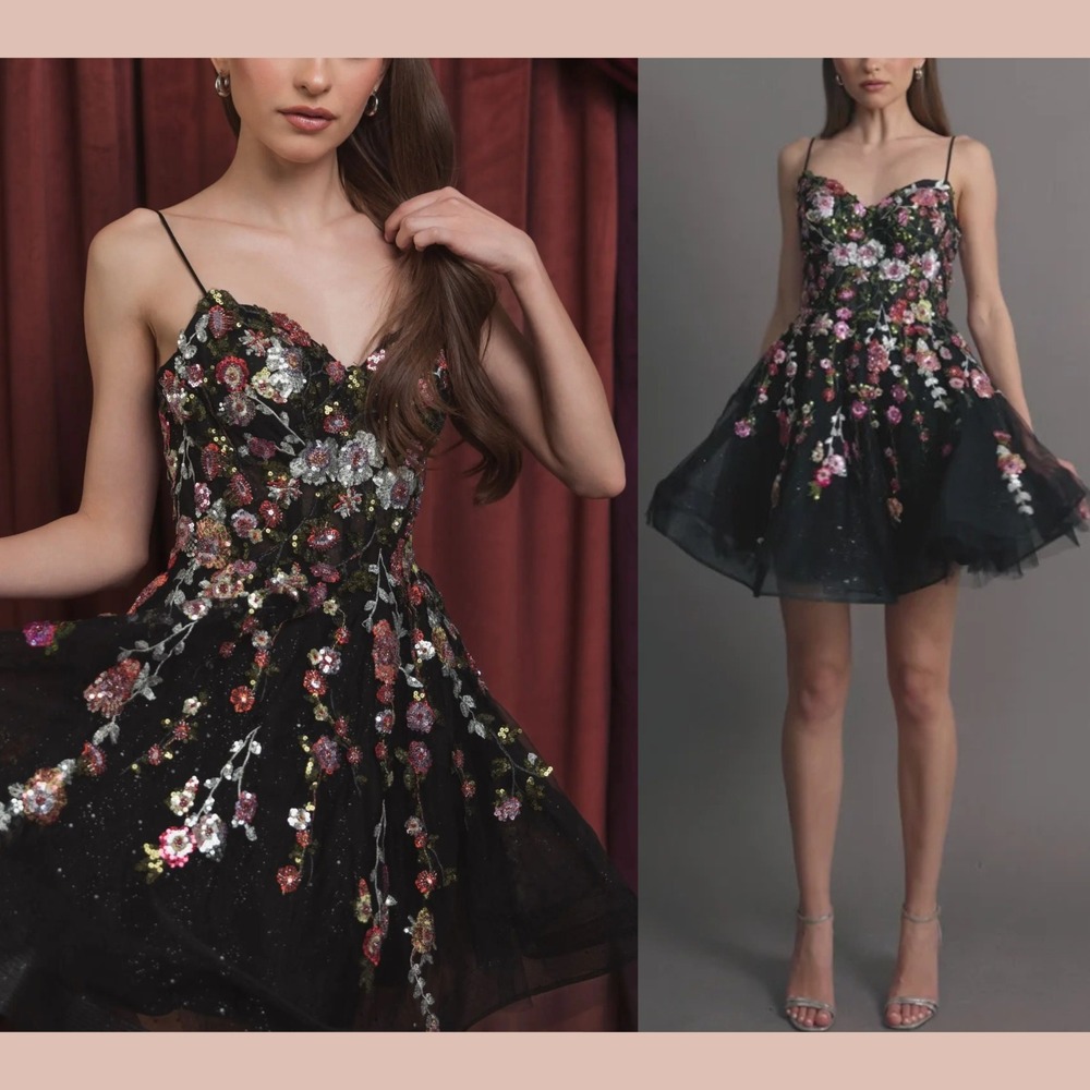 NWT‎ Mac Duggal [ 0 ] 20643 Thin Strap Floral Embroidered Mini Dress Black J2416